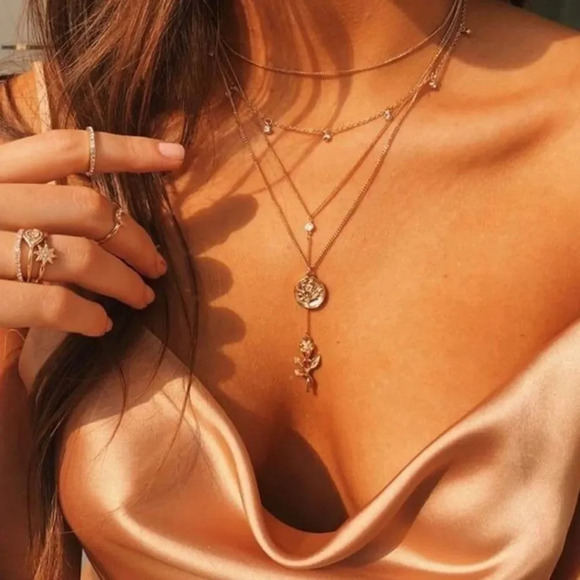 NEW! Dainty “Ivy” Layered Coin & Rose Y-Necklace - Picture 1 of 7